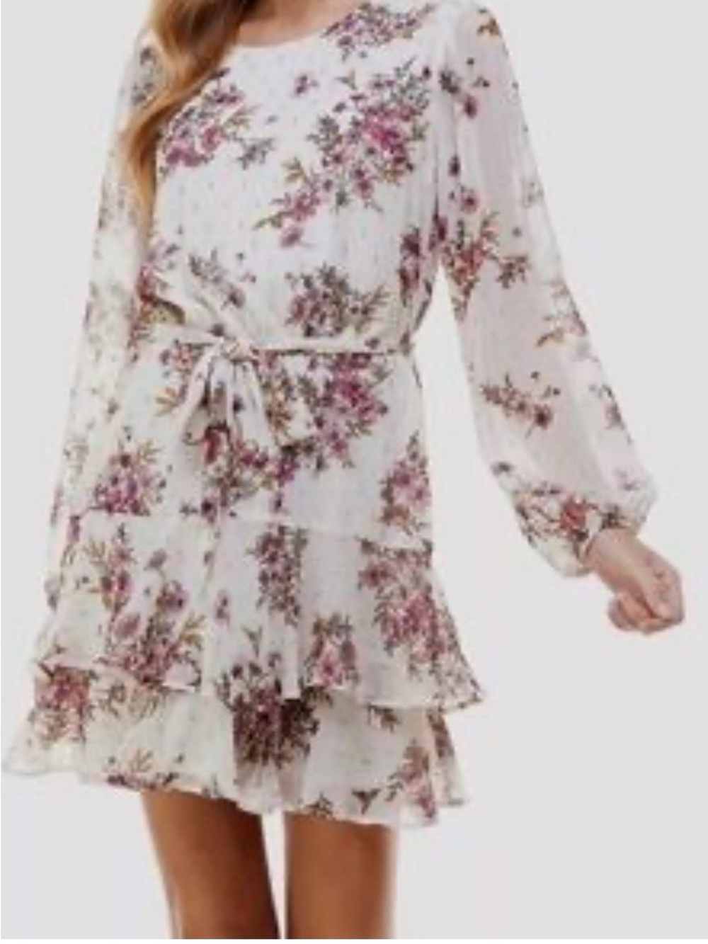 Woman’s dress floral sheer sleeves tiered ruffle NWT XS pair w/boots or sandals